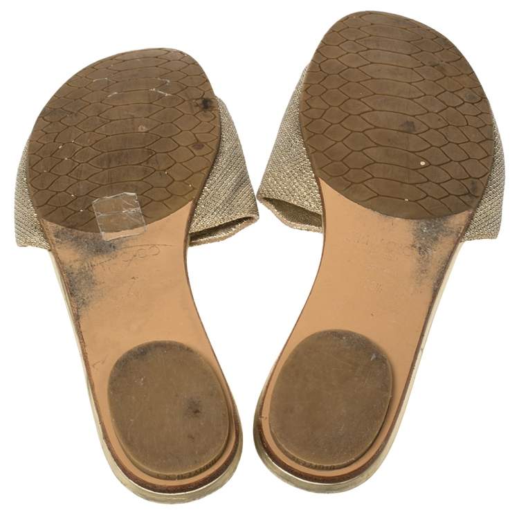 Pre Owned Jimmy Choo Gold Lamé And Glitter Nanda Flat Slides Size 39.5