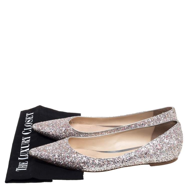 Pre Owned Jimmy Choo Silver Glitter Romy Pointed Toe Flats Size 42