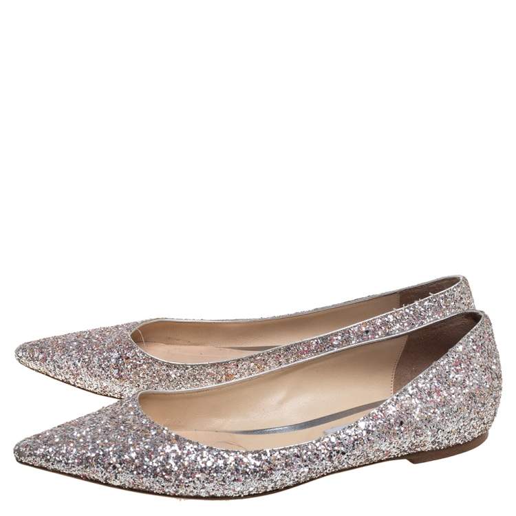 Pre Owned Jimmy Choo Silver Glitter Romy Pointed Toe Flats Size 42