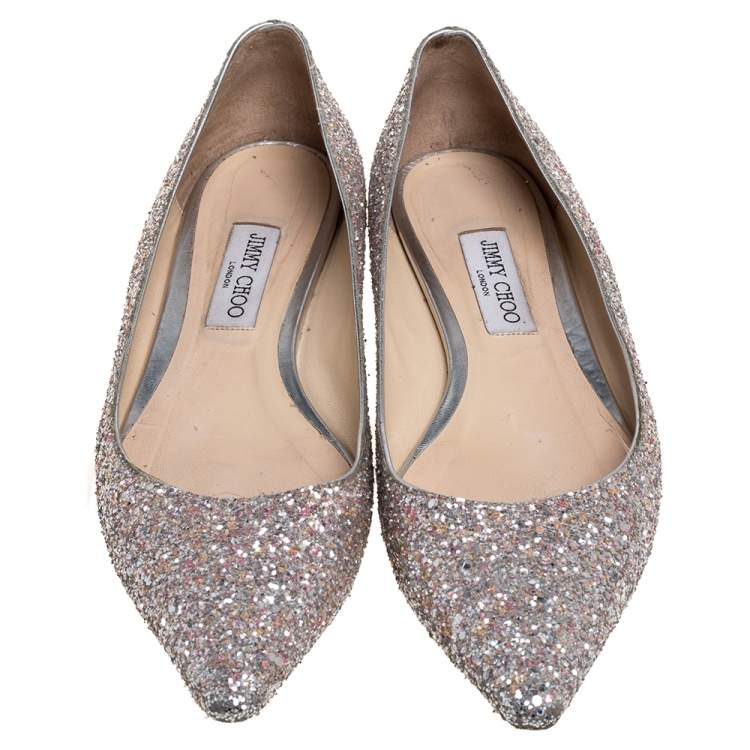 Pre Owned Jimmy Choo Silver Glitter Romy Pointed Toe Flats Size 42