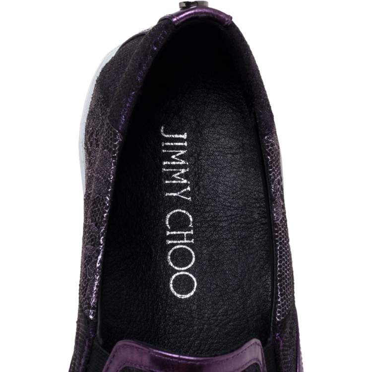 Pre Owned Jimmy Choo Metallic Purple Lace Demi Slip On Sneakers Size 37.5