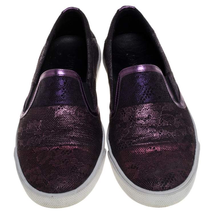 Pre Owned Jimmy Choo Metallic Purple Lace Demi Slip On Sneakers Size 37.5