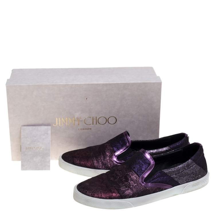 Pre Owned Jimmy Choo Metallic Purple Lace Demi Slip On Sneakers Size 37.5