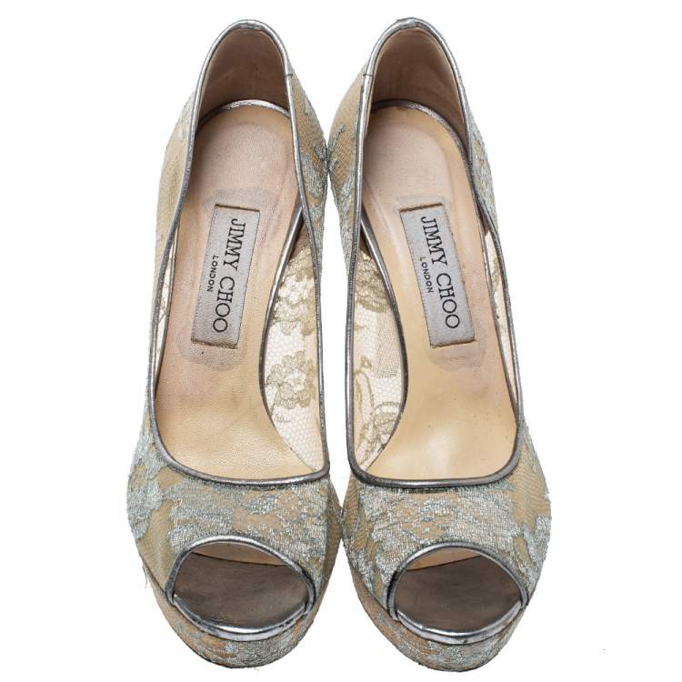 Pre Owned Jimmy Choo Grey Lace Luna Peep Toe Platform Pumps Size 38.5
