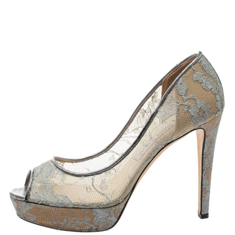 Pre Owned Jimmy Choo Grey Lace Luna Peep Toe Platform Pumps Size 38.5