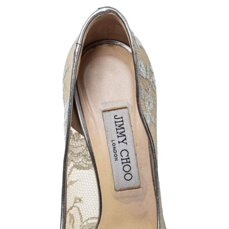 Pre Owned Jimmy Choo Grey Lace Luna Peep Toe Platform Pumps Size 38.5