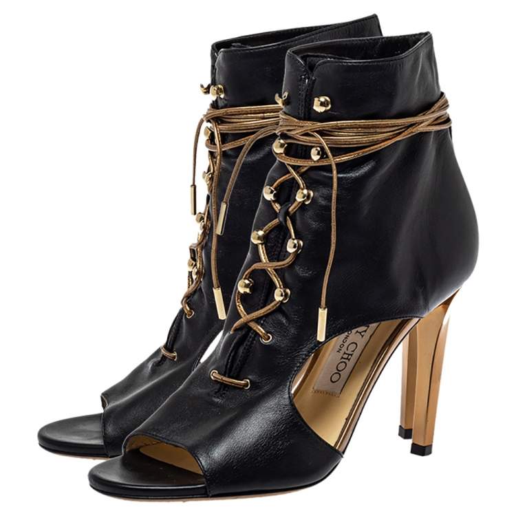 مملوكة مسبقًا Jimmy Choo Black Leather Lace Up Peep Toe Boots Size 35.5
