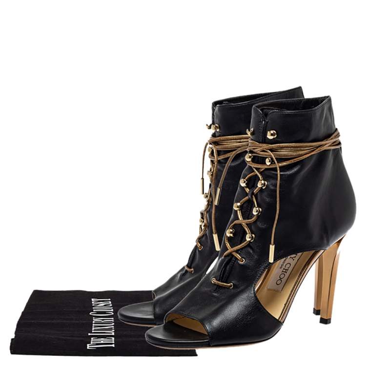 مملوكة مسبقًا Jimmy Choo Black Leather Lace Up Peep Toe Boots Size 35.5