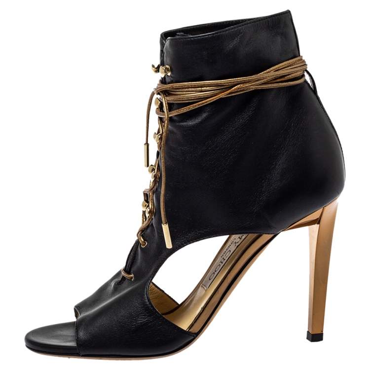 مملوكة مسبقًا Jimmy Choo Black Leather Lace Up Peep Toe Boots Size 35.5