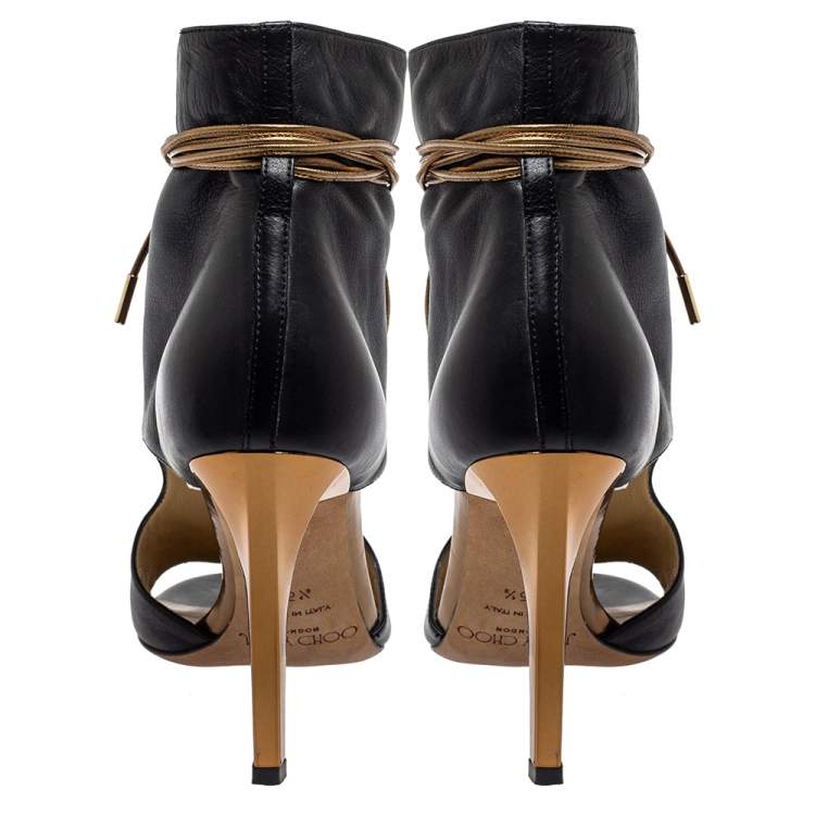 مملوكة مسبقًا Jimmy Choo Black Leather Lace Up Peep Toe Boots Size 35.5