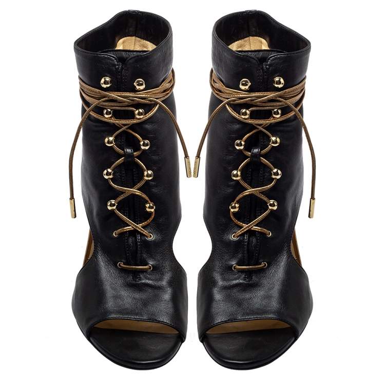 مملوكة مسبقًا Jimmy Choo Black Leather Lace Up Peep Toe Boots Size 35.5
