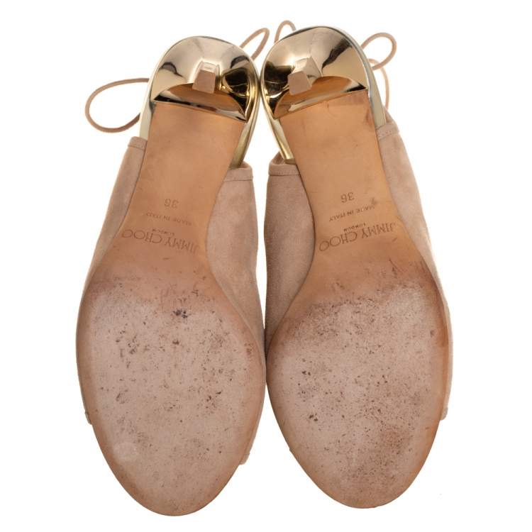مملوكة مسبقًا Jimmy Choo Beige Suede  Froze Peep Toe Lace Up Ankle Booties Size 36