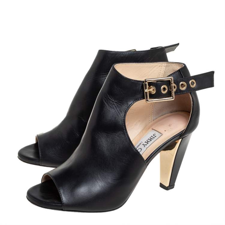 مملوكة مسبقًا Jimmy Choo Black Leather Belted Detail Open Toe Ankle Boots Size 35
