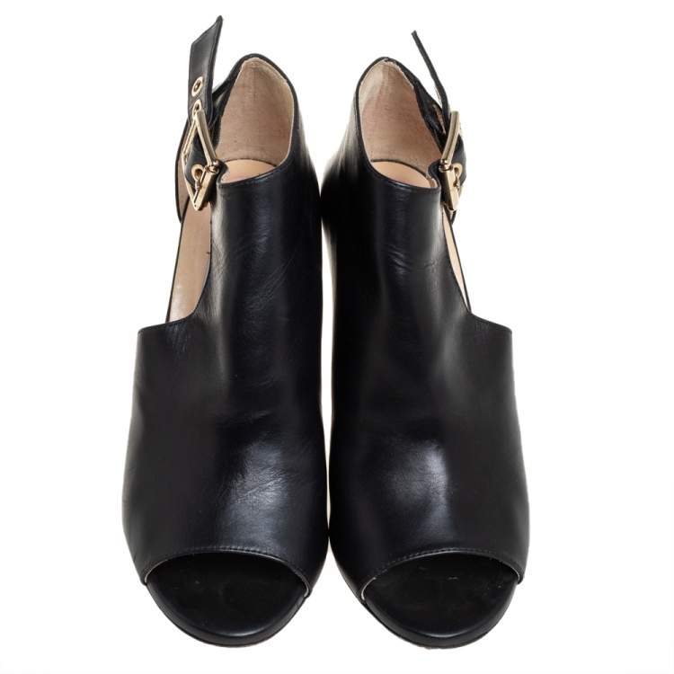 مملوكة مسبقًا Jimmy Choo Black Leather Belted Detail Open Toe Ankle Boots Size 35
