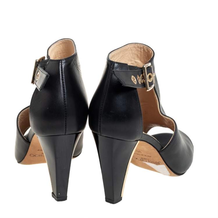 مملوكة مسبقًا Jimmy Choo Black Leather Belted Detail Open Toe Ankle Boots Size 35