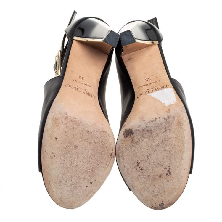مملوكة مسبقًا Jimmy Choo Black Leather Belted Detail Open Toe Ankle Boots Size 35