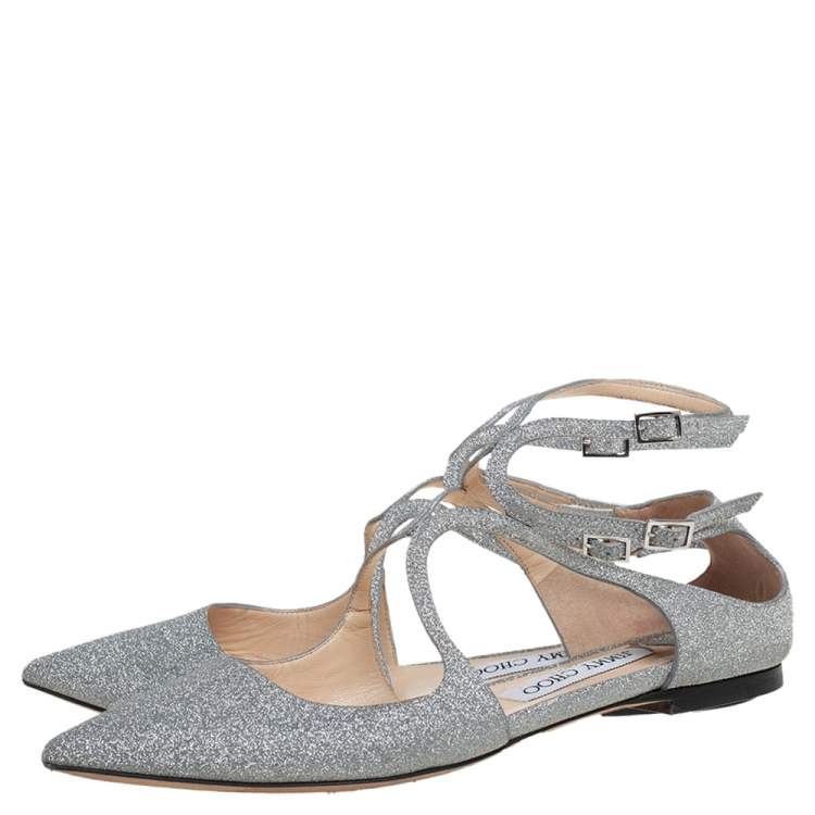 مملوكة مسبقًا Jimmy Choo Silver Glitter Lancer Flats Size 38.5