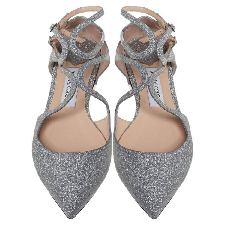 مملوكة مسبقًا Jimmy Choo Silver Glitter Lancer Flats Size 38.5