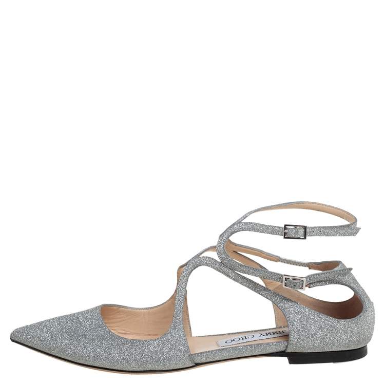 مملوكة مسبقًا Jimmy Choo Silver Glitter Lancer Flats Size 38.5