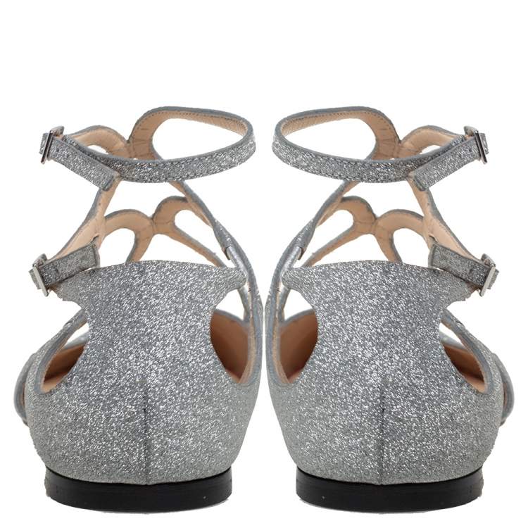 مملوكة مسبقًا Jimmy Choo Silver Glitter Lancer Flats Size 38.5