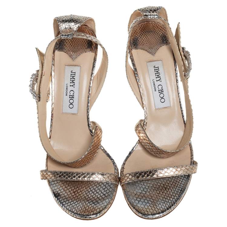 Pre Owned Jimmy Choo Gold Snakeskin Open Toe Sandals Size 39.5