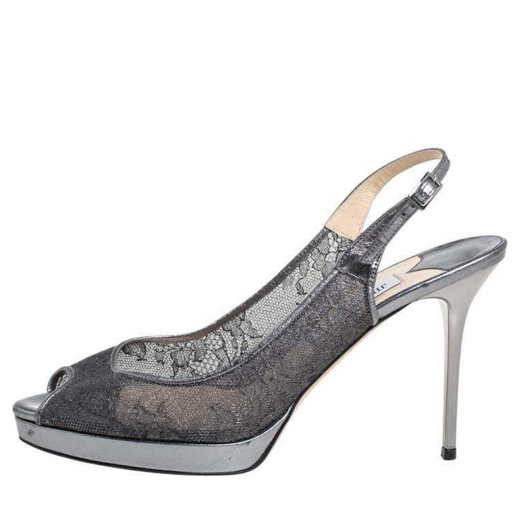 Pre Owned Jimmy Choo Metallic Silver Lace And Leather Nova Sandals Size 40