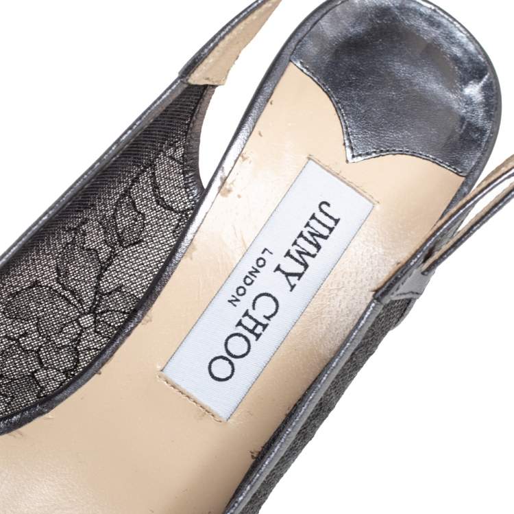 Pre Owned Jimmy Choo Metallic Silver Lace And Leather Nova Sandals Size 40