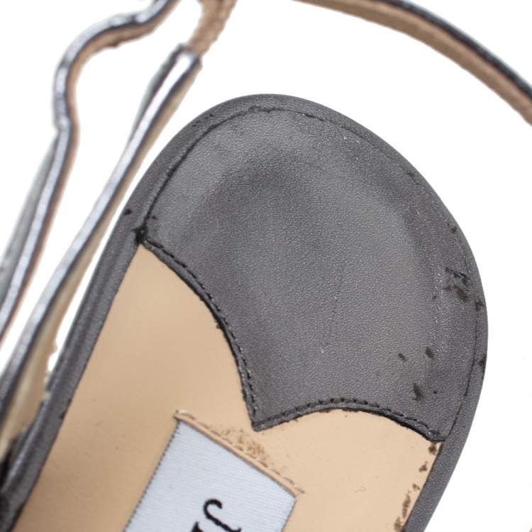 Pre Owned Jimmy Choo Metallic Silver Lace And Leather Nova Sandals Size 40