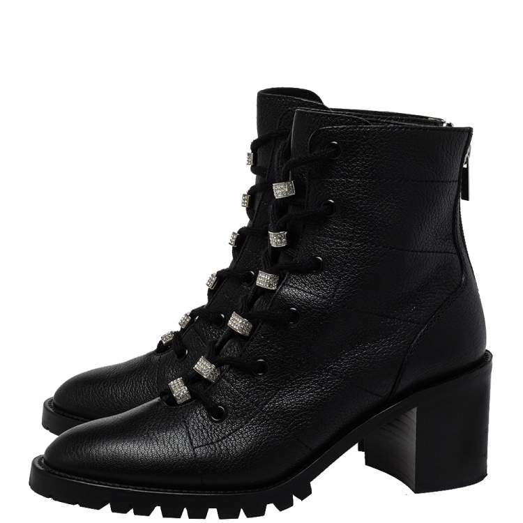 Pre Owned Jimmy Choo Black Leather Cruz Crystal Embellished  Combat Boots Size 38