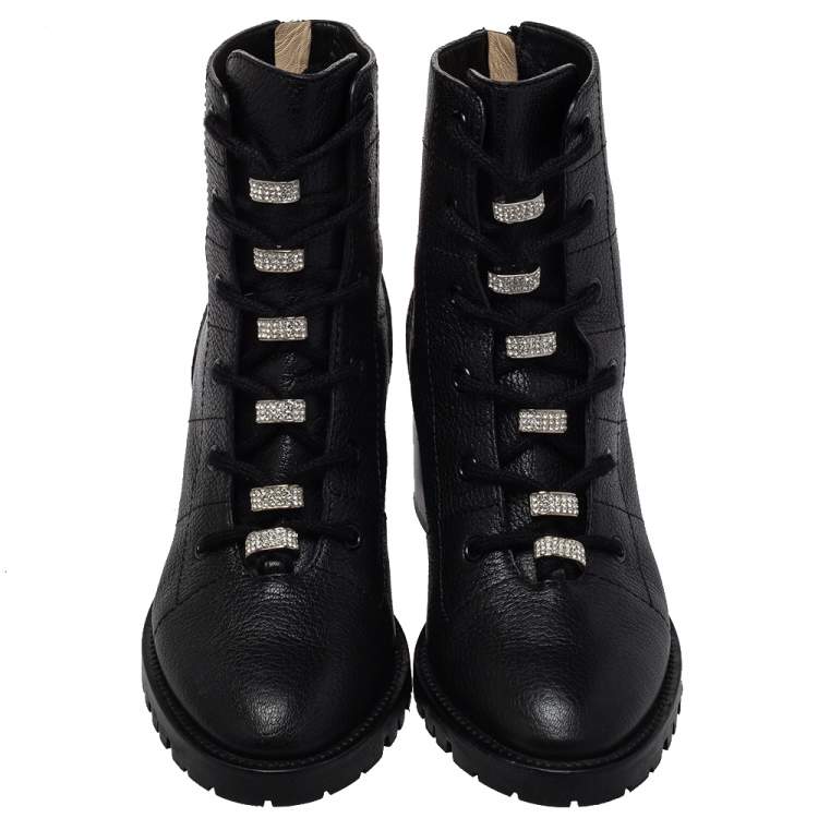 Pre Owned Jimmy Choo Black Leather Cruz Crystal Embellished  Combat Boots Size 38