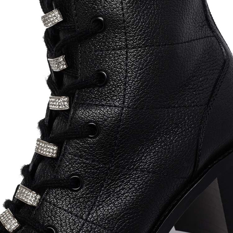 Pre Owned Jimmy Choo Black Leather Cruz Crystal Embellished  Combat Boots Size 38