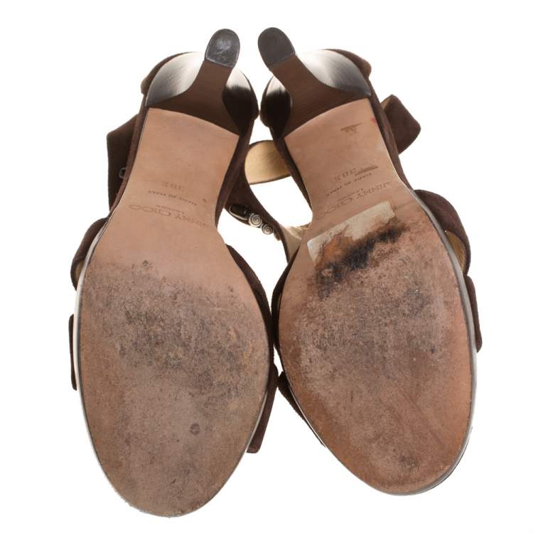 Pre Owned Jimmy Choo Brown Suede Beaded T-strap Tribal Sandals Size 38.5