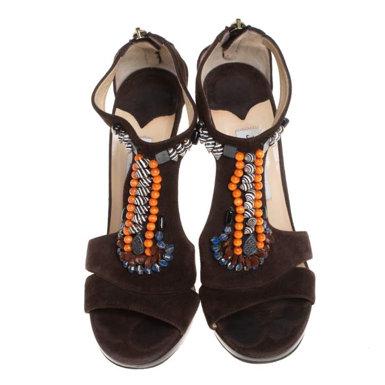 Pre Owned Jimmy Choo Brown Suede Beaded T-strap Tribal Sandals Size 38.5