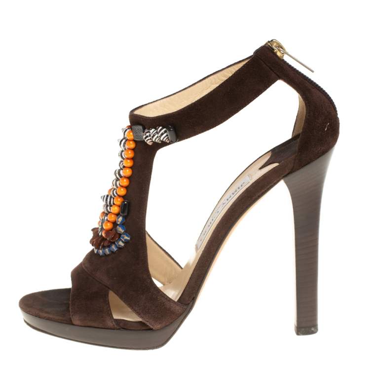 Pre Owned Jimmy Choo Brown Suede Beaded T-strap Tribal Sandals Size 38.5