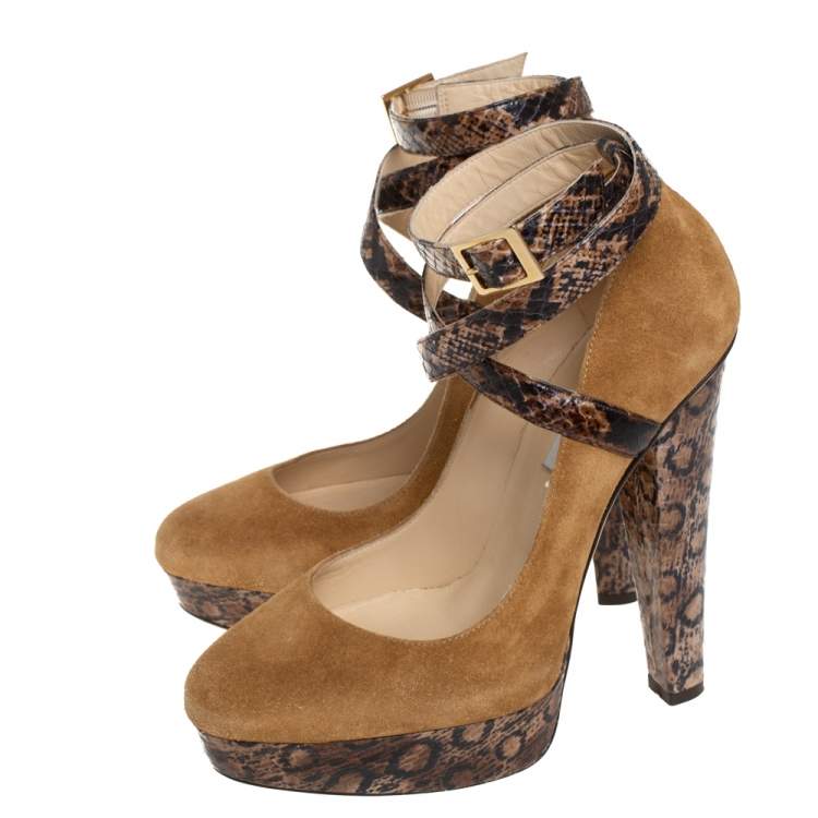 Pre Owned Jimmy Choo Beige/Brown Suede And Python Ankle Strap Platform Pumps Size 39
