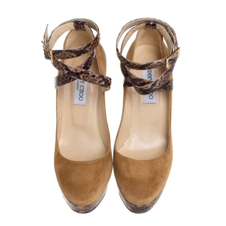 Pre Owned Jimmy Choo Beige/Brown Suede And Python Ankle Strap Platform Pumps Size 39