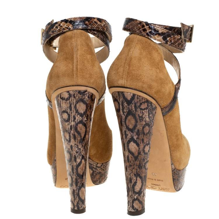 Pre Owned Jimmy Choo Beige/Brown Suede And Python Ankle Strap Platform Pumps Size 39