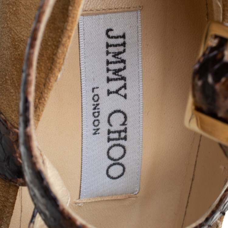 Pre Owned Jimmy Choo Beige/Brown Suede And Python Ankle Strap Platform Pumps Size 39