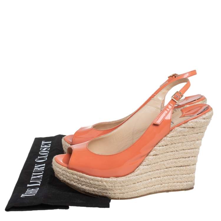 Pre Owned Jimmy Choo Orange Patent Leather Espadrille Wedge Slingback Sandals Size 38.5