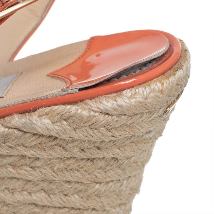 Pre Owned Jimmy Choo Orange Patent Leather Espadrille Wedge Slingback Sandals Size 38.5