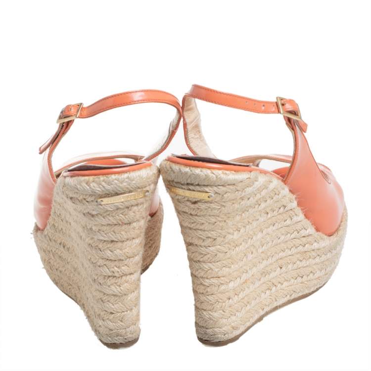 Pre Owned Jimmy Choo Orange Patent Leather Espadrille Wedge Slingback Sandals Size 38.5