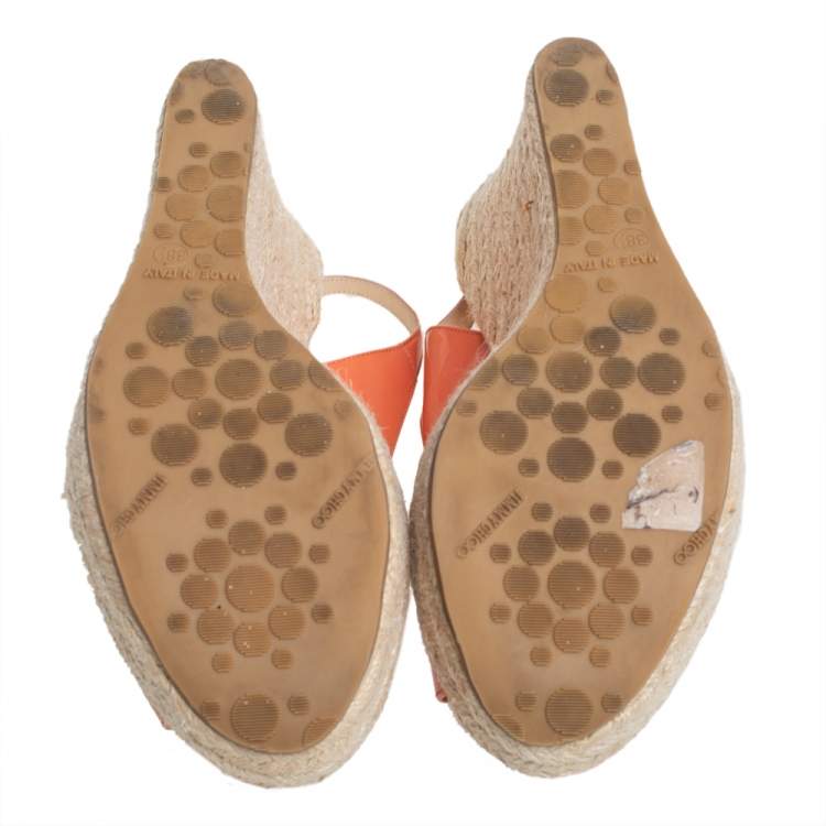 Pre Owned Jimmy Choo Orange Patent Leather Espadrille Wedge Slingback Sandals Size 38.5
