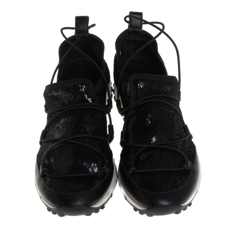 Pre Owned Jimmy Choo Black Leather And Sequin Andrea Sneakers Size 41