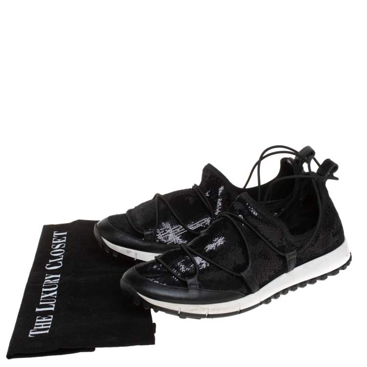 Pre Owned Jimmy Choo Black Leather And Sequin Andrea Sneakers Size 41