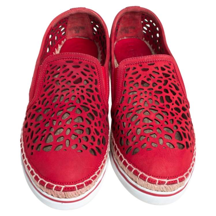 Pre Owned Jimmy Choo Red Laser Cut Nubuck Espadrilles Sneakers Size 38