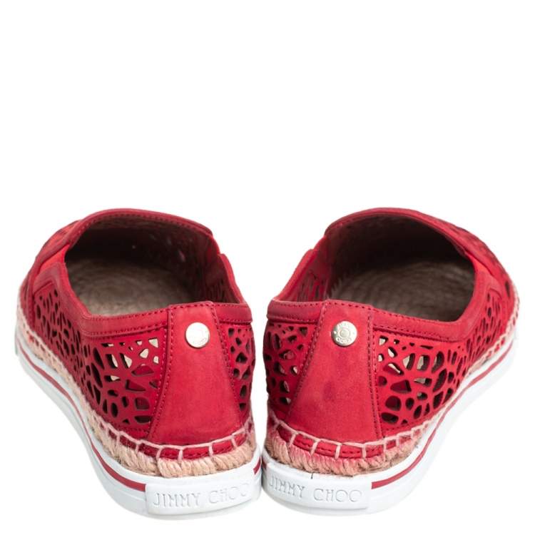 Pre Owned Jimmy Choo Red Laser Cut Nubuck Espadrilles Sneakers Size 38
