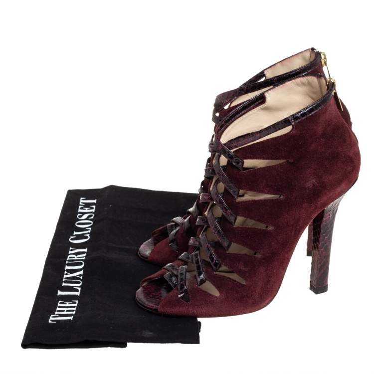 Pre Owned Jimmy Choo Burgundy Suede And Python Ankle Boots Size 37