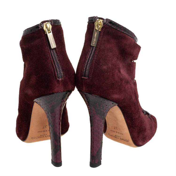 Pre Owned Jimmy Choo Burgundy Suede And Python Ankle Boots Size 37