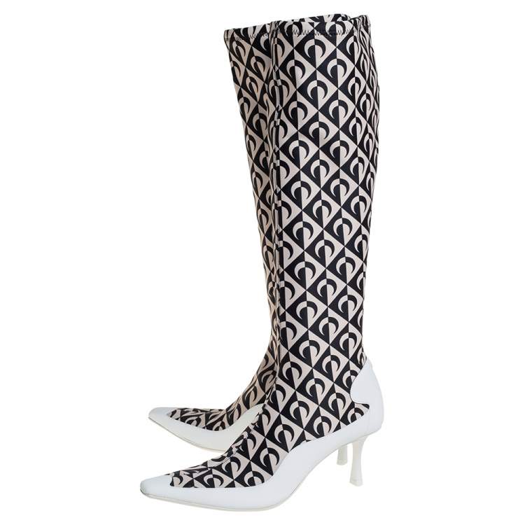 Pre Owned Jimmy Choo White/Black Leather And Stretch Fabric Knee High Boots Size 37
