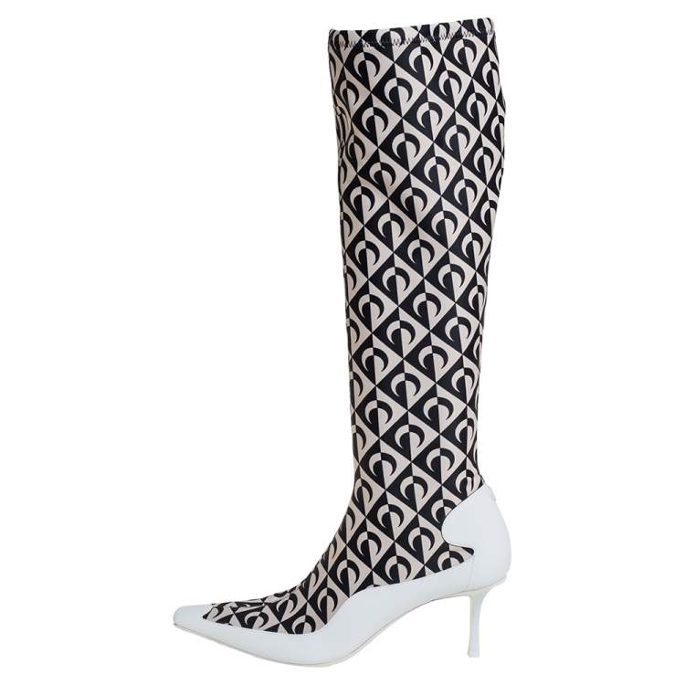 Pre Owned Jimmy Choo White/Black Leather And Stretch Fabric Knee High Boots Size 37